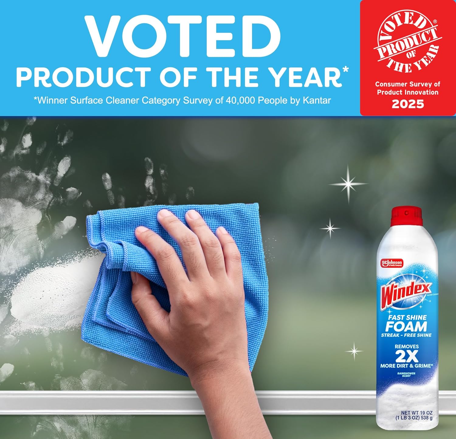 Windex Fast Shine Foam Glass Cleaner - Streak-Free Aerosol Spray for Windows, Mirrors & Counters | 19 oz