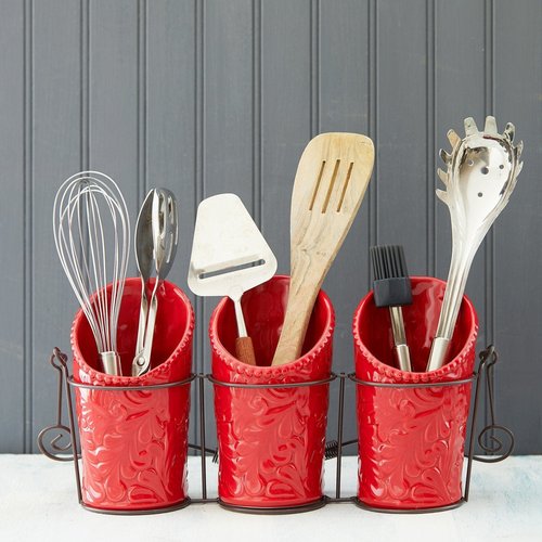 ienjoyware Kitchen Flatware Caddy - 3 Ceramic Utensil Holders (4" Dia x 7" H each) & 1 Wire Caddy - Red