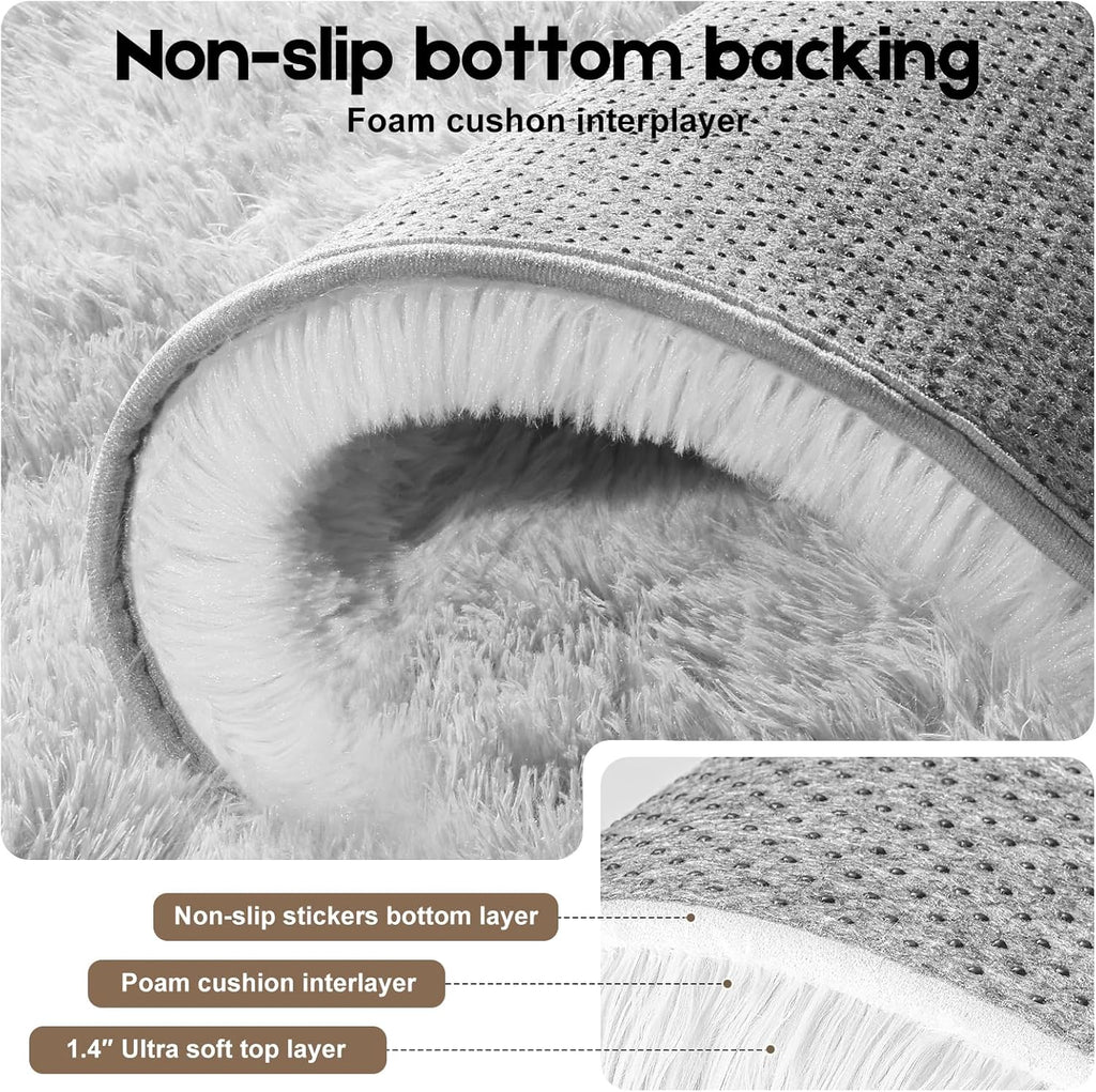 Skiennix Tie-Dyed Grey Area Rug - Soft Fluffy Shag Carpet for Kids Room | 2ft x 3ft with Non-Slip Stickers