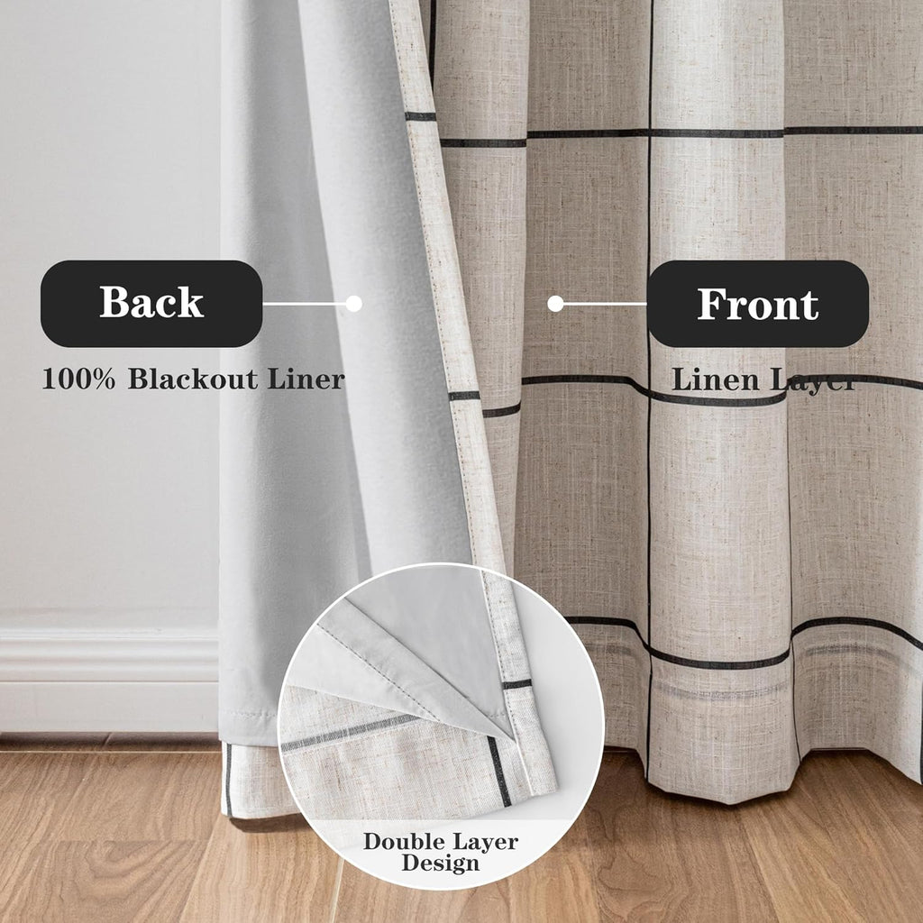 MYSKY HOME 100% Blackout Linen Curtains - 84 Inch Thermal Insulated Drapes | Black Plaid, 52" W, 1 Panel