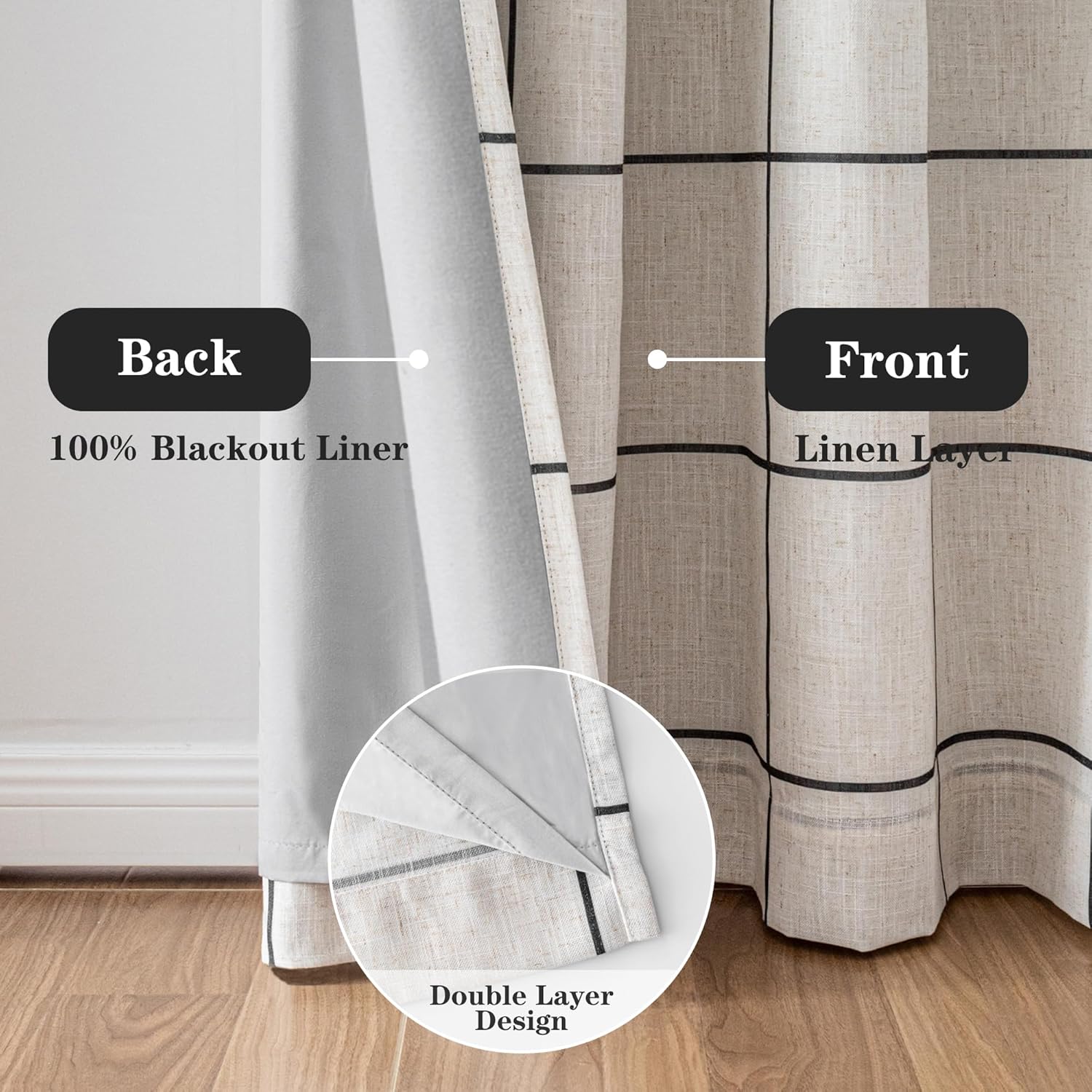 MYSKY HOME 100% Blackout Linen Curtains - 84 Inch Thermal Insulated Drapes | Black Plaid, 52" W, 1 Panel