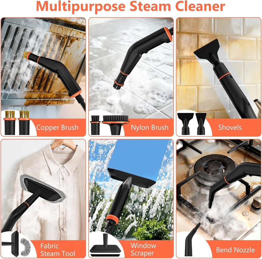 Skiennix Portable Steam Cleaner - Handheld Steamer with 16 Accessories, 6-Level Adjustable, 15s Heat-Up, Ideal for Home & Car Detailing - Orange
