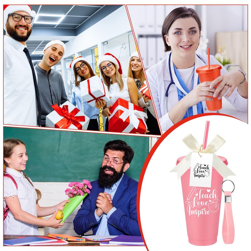 SiliFine 30 Sets Thank You Teachers Appreciation Gifts Bulk, 24 oz Plastic Tumblers with Lids and Straws Reusable Coffee Cups with Silicone Keychains, Bow-knots and Cards(Appreciated)