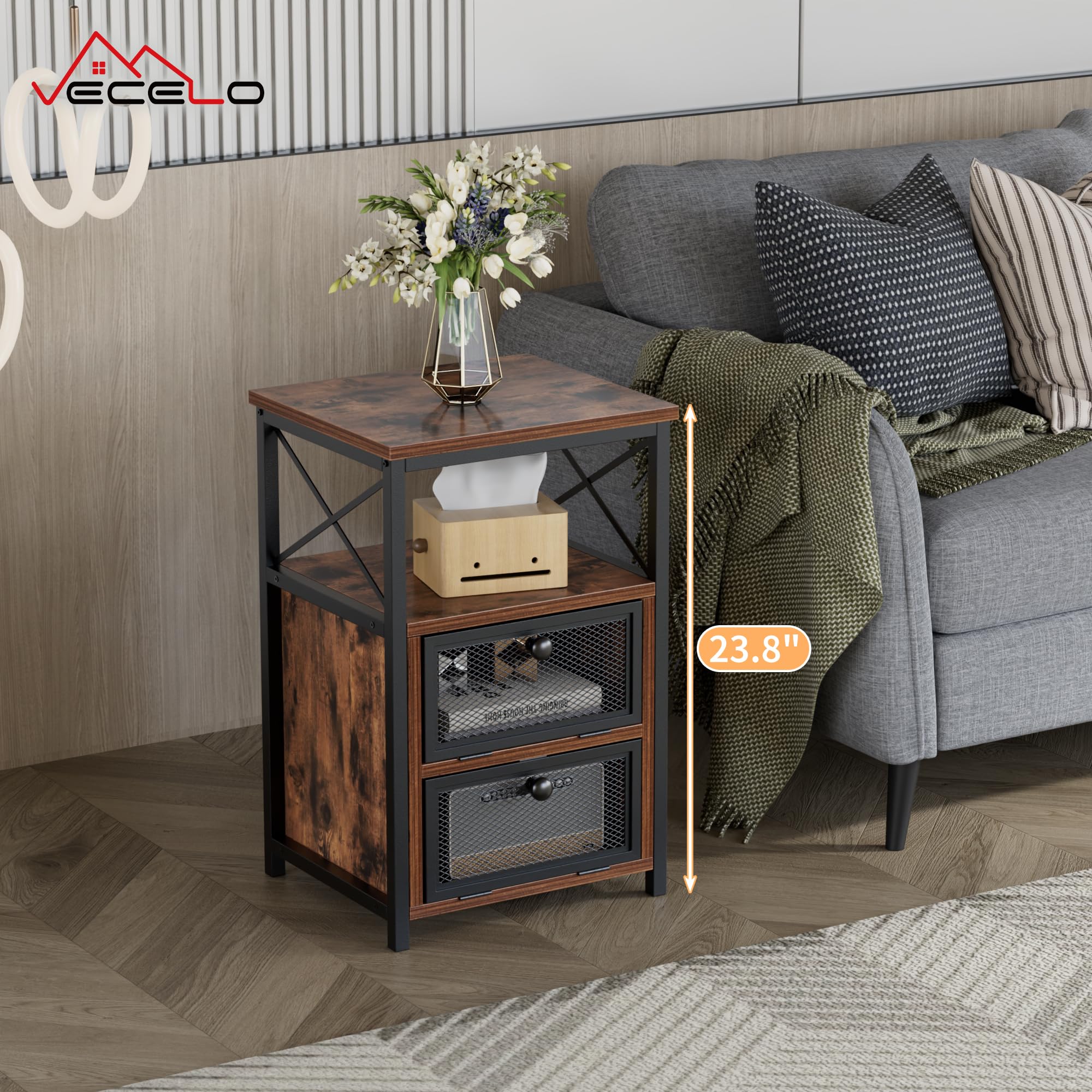 VECELO Nightstand Set of 2, End Table with Flip Drawer, Modern Night Stand for Bedroom,Living Room, Office, Easy Assembly, Walnut Brown