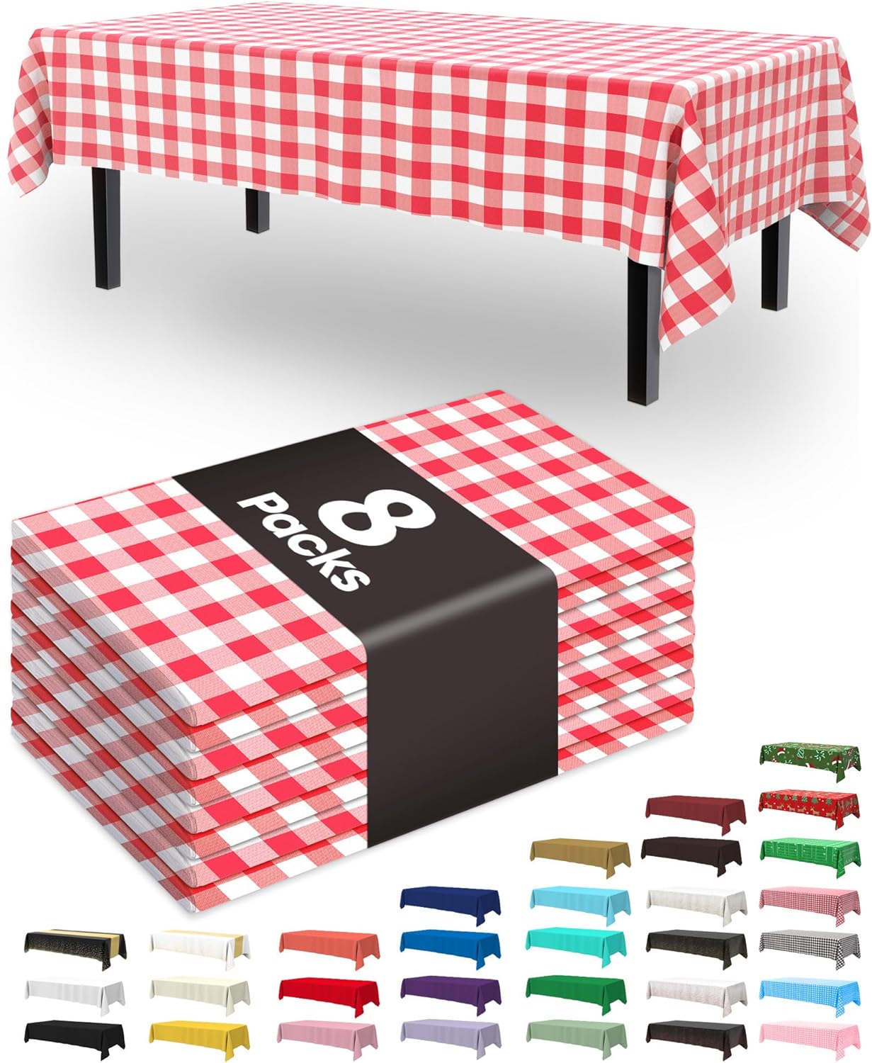 Pureegg Disposable Table Cloths - 8 Pack Red & White Gingham, 54 x 108 Inch, Leakproof & Sturdy