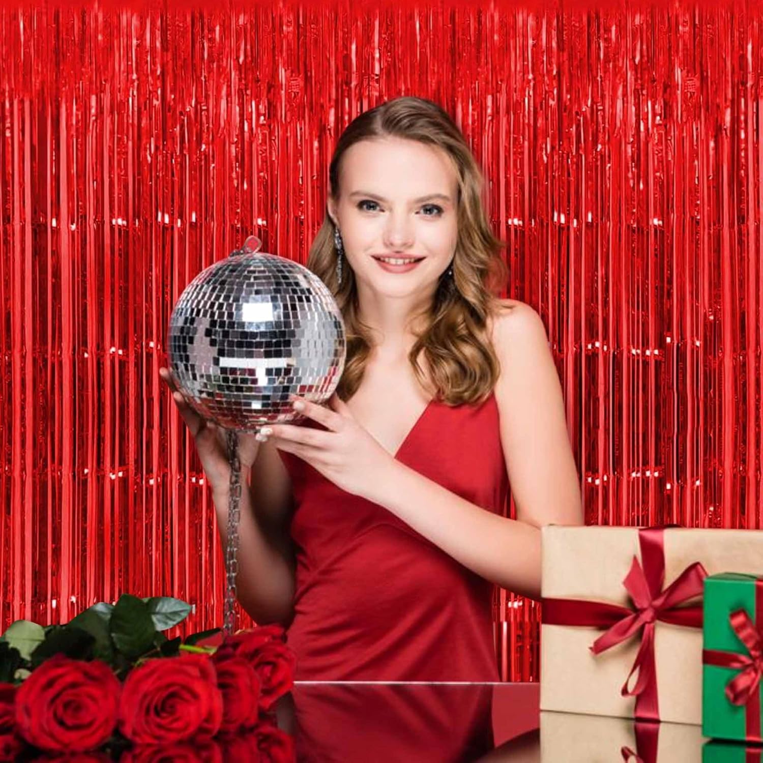 Red Foil Fringe Curtains by [Brand Name] - 3 Pack Metallic Tinsel Backdrop | 3.28 x 8.2 Ft for Parties & Events