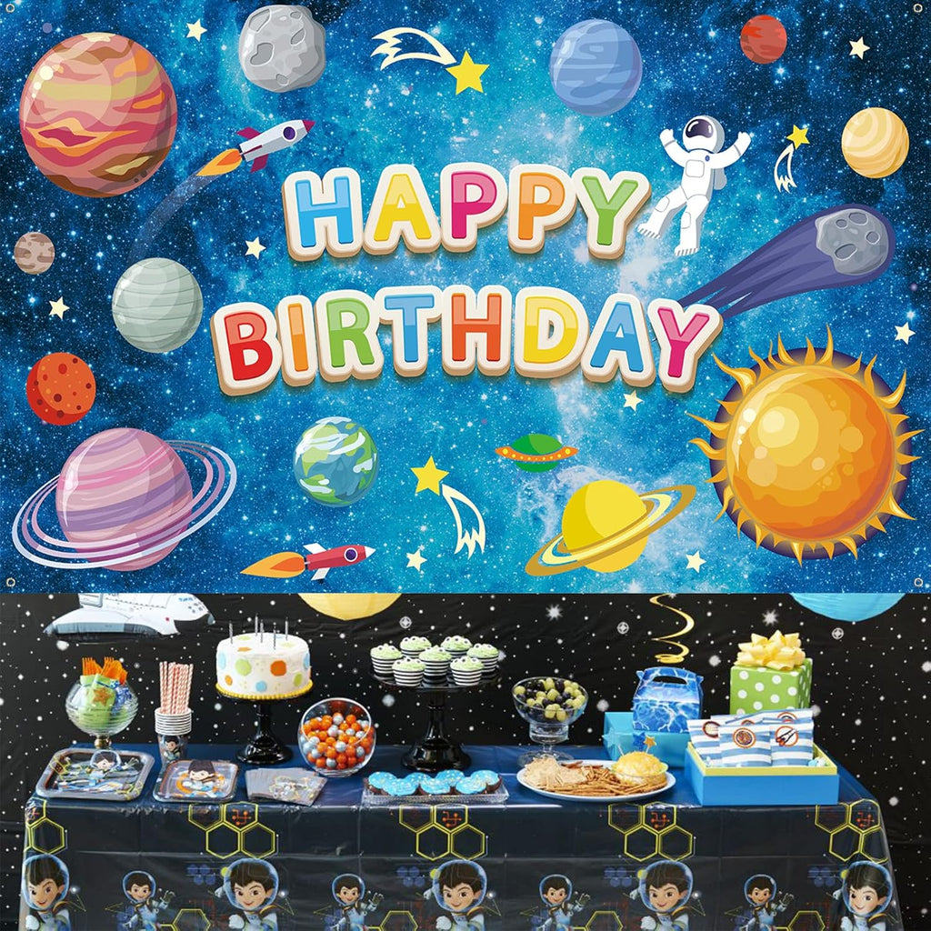 Space Happy Birthday Backdrop Banner - Large Blue Astronaut Galaxy Photo Background for Kids' Party Decor