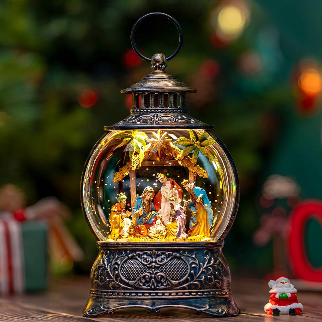 Regine Switzerland Christmas Snow Globe Lantern - Musical Holy Family Nativity Scene | 6H Timer, USB & Battery Operated