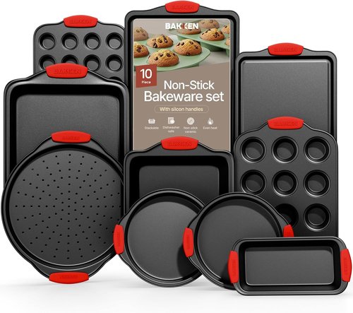 Bakken 10-Piece Baking Set | Deluxe Non-Stick Bakeware with Red Silicone Handles - Carbon Steel