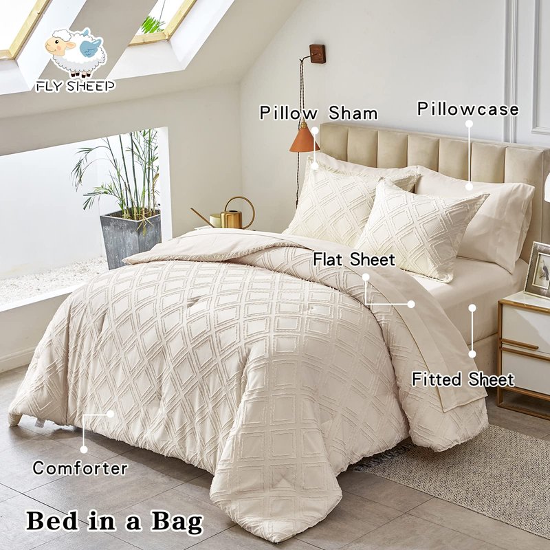 7 Pieces Tufted Bed in a Bag King Comforter Set with Sheets Beige, Soft and Embroidery Shabby Chic Boho Bohemian, Luxury Solid Color with Diamond Pattern, Jacquard Tufts Bedding Set for All Season