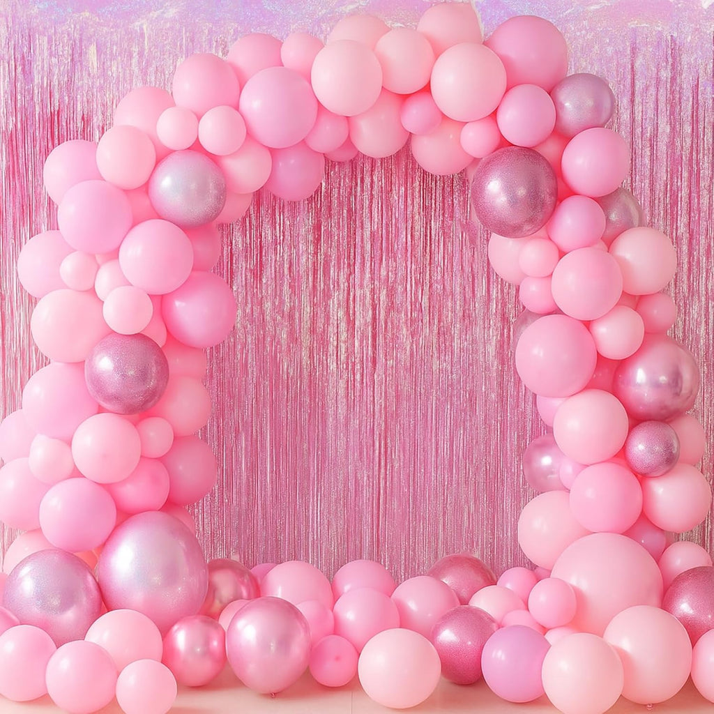 Voircoloria 2 Pack Laser Pink Tinsel Foil Fringe Curtains - Metallic Party Streamers Backdrop for Celebrations