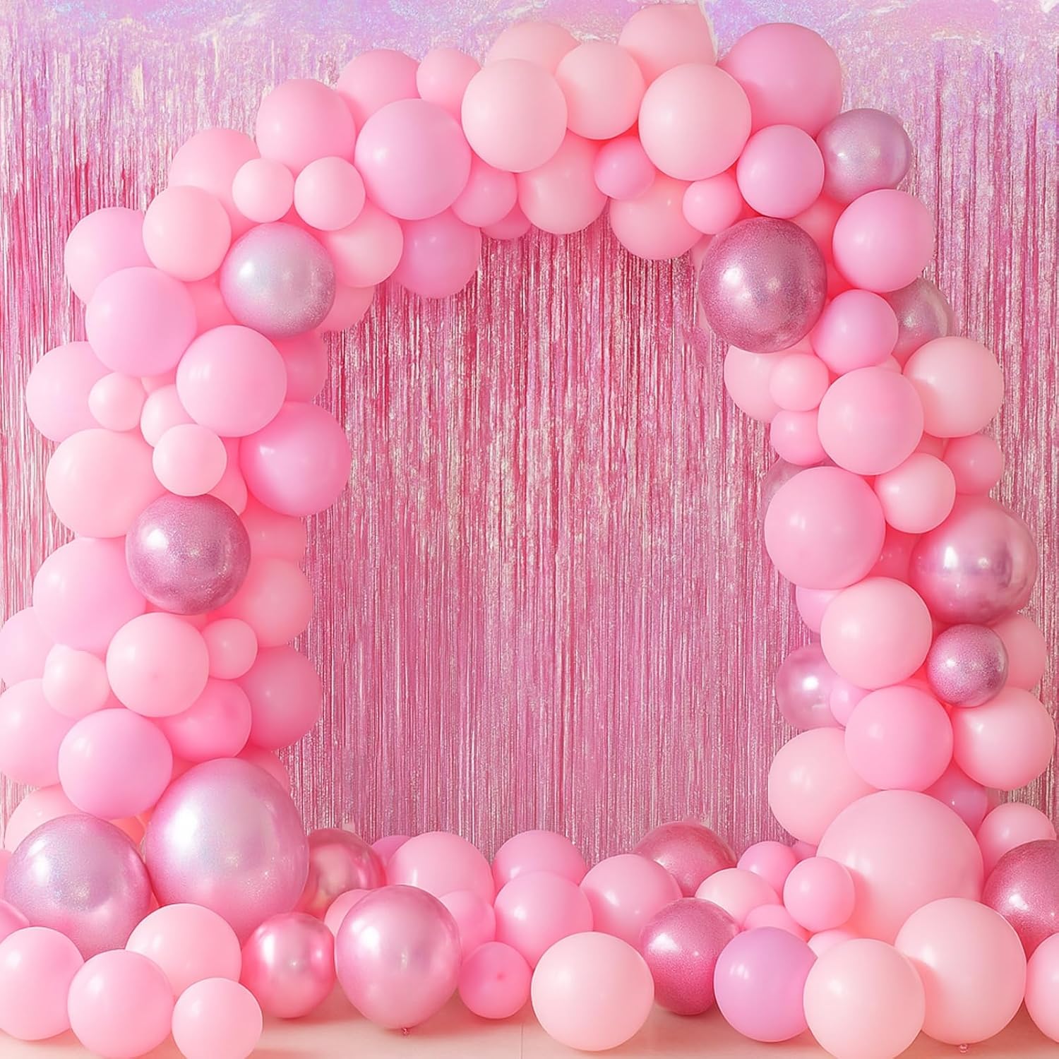 Voircoloria 2 Pack Laser Pink Tinsel Foil Fringe Curtains - Metallic Party Streamers Backdrop for Celebrations