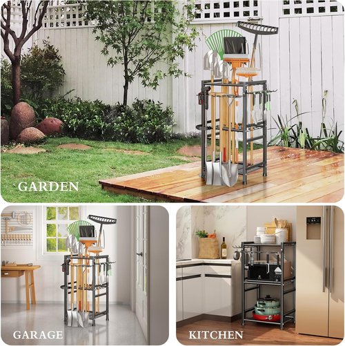 CICUFY Heavy-Duty Garden Tool Organizer - Metal Rack with Extra Hooks for Up to 35 Long Handled Tools | Black