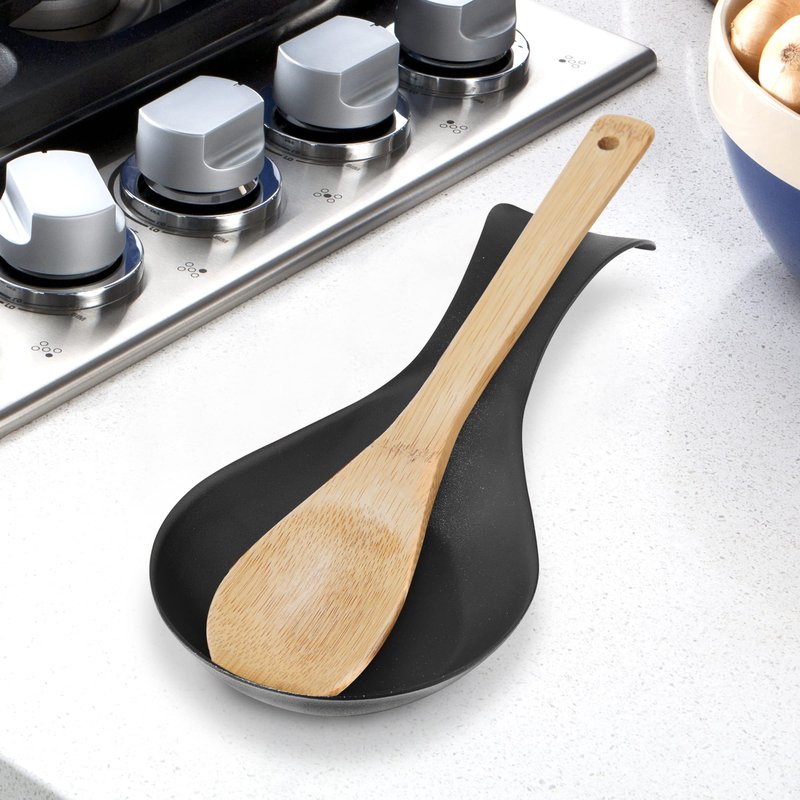 OGGI Stainless Steel Spoon Rest- Long Handle Holds Kitchen Utensils in Place, Great Spoon Rest for Counter, Stove Top, or Coffee Station; Kitchen Accessories, Utensil Rest, Black