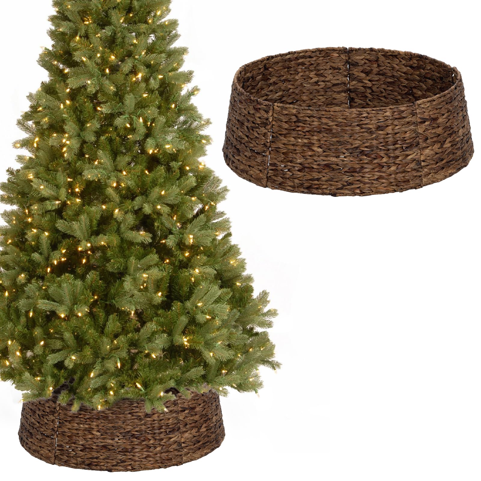 SUNNYPARK Christmas Tree Collar, 28’’ Hand-Woven Natural Water Hyacinth Christmas Tree Collar Basket Base Cover - Chestnut Brown