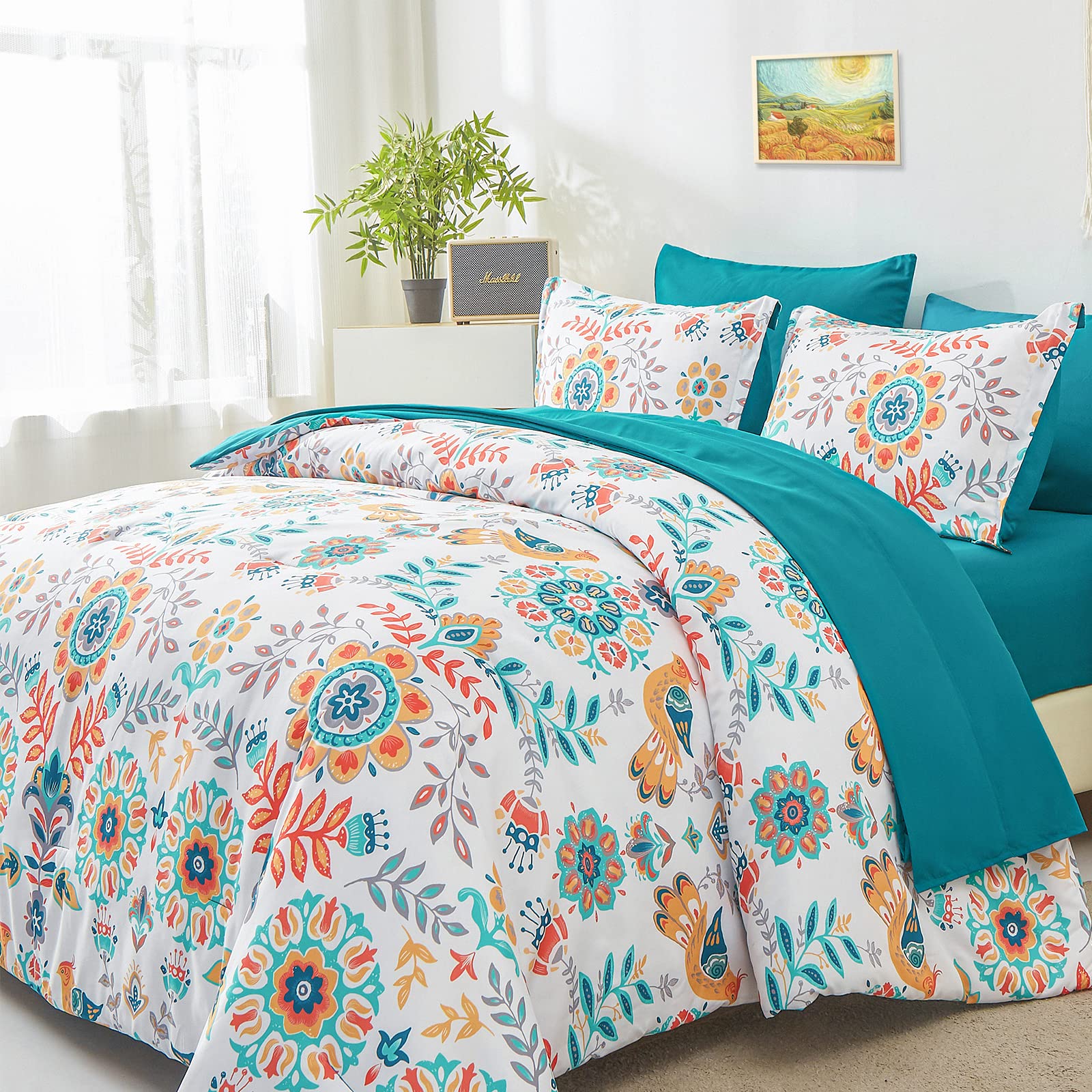 DHSFKBE Boho Comforter Set Queen - 7 Pieces Bed in a Bag Floral Medallions Design, Bohemian Comforter Set with Sheets, Soft Microfiber Complete Bedding Sets All Season (Teal Blue, Queen)