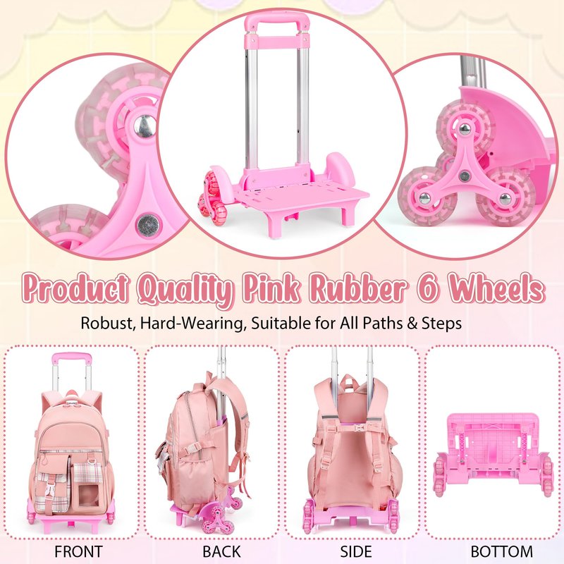 Joceiae Cute Rolling Backpack for Girls, Rolling Wheeled School Bag for Backpack