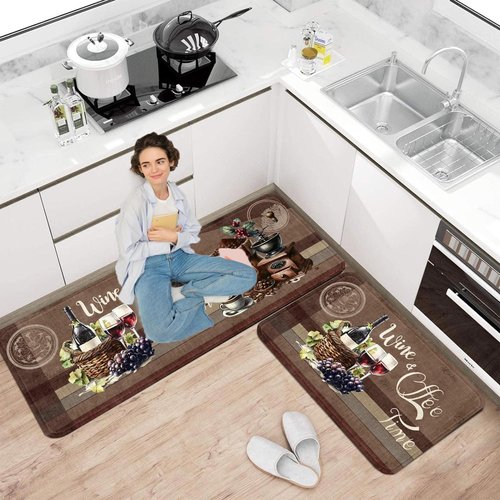 Coffee Kitchen Rugs, Coffee Rugs for Kitchen Floor 2 Piece, Thicken Memory Foam Anti Fatigue Kitchen Mat and Farmhouse Kitchen Rugs for Kitchen Decor 17"X30"+17"X47"