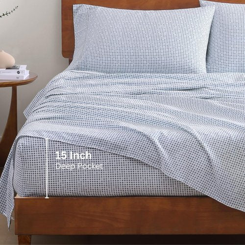 LANE LINEN 100% Organic Cotton Twin Sheets Set - Breathable & Cooling 3-Piece Bedding - Deep Pocket Polka Dot (Blue)