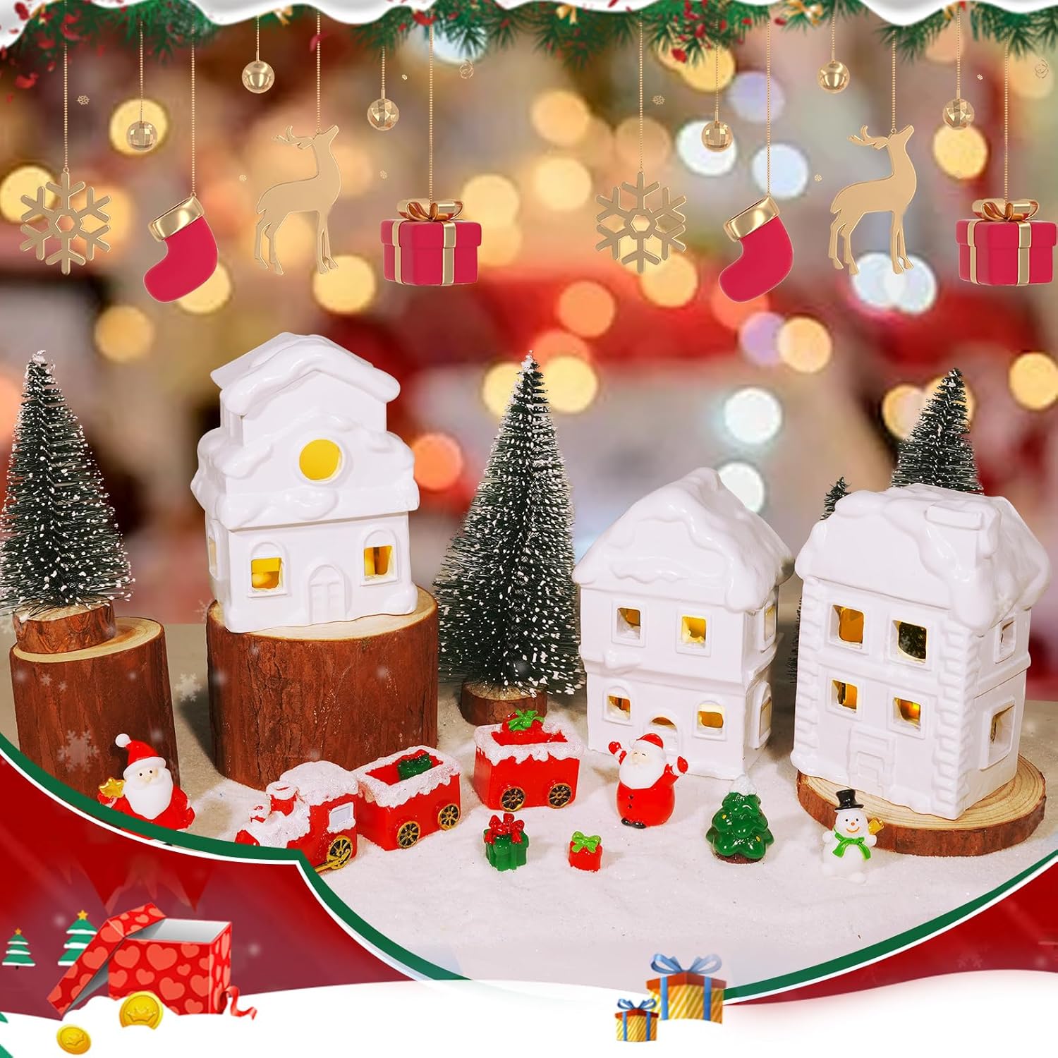 Wowagoga Ceramic Christmas House Village Set - 21 Pcs White Resin Figurines with Light-Up Feature | 4.3 Inch Decor