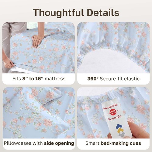 California Design Den King Size Bed Sheets Set - 400 TC Sateen Finish, Deep Pockets, Floral Blue/Pink