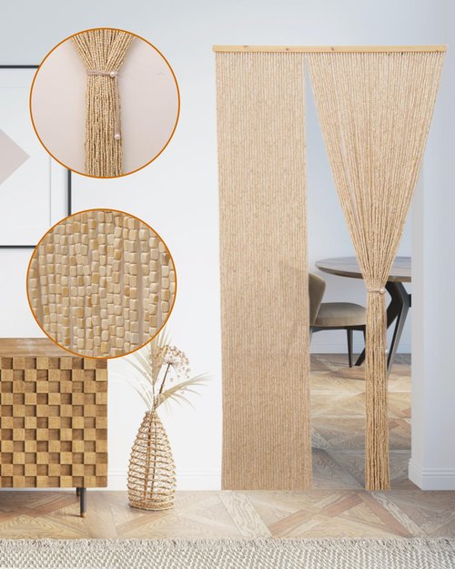 Erfolkerz 90 Strands Beaded Curtain for Doorways -35.5"x79"- Handmade Natural Beaded Curtains，Boho Doorway Wood and Bamboo Bead Curtain-As Insect Screen/Room Divider-Beige