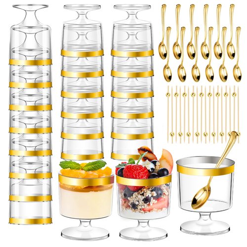 DI QIU REN 120 Pcs 5oz Dessert Cups with Golden Spoon, Plastic Dessert Parfait Cup Clear Appetizer Pudding Cup, Round Serving Goblet Cups Shot Glasse (with Gold Rim,Gold Spoon,Cocktail Picks)
