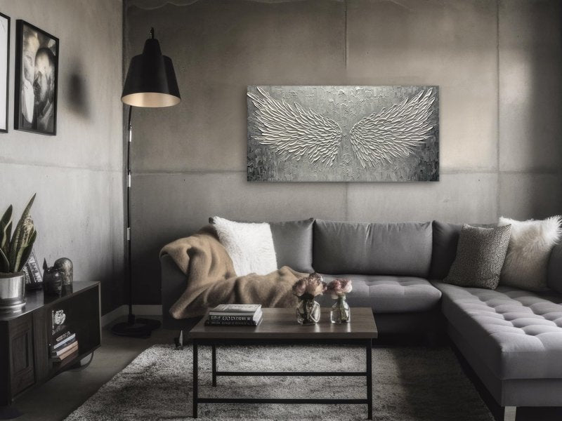 BASNLIFE Wall Art with Canvas Hand Painted Wings, Grey and White Heavy Texture Oil Painting Wall Decor, Modern Painting Artwork for Wall for Living Room Bedroom Office Home Decor(48" Wx24 L)
