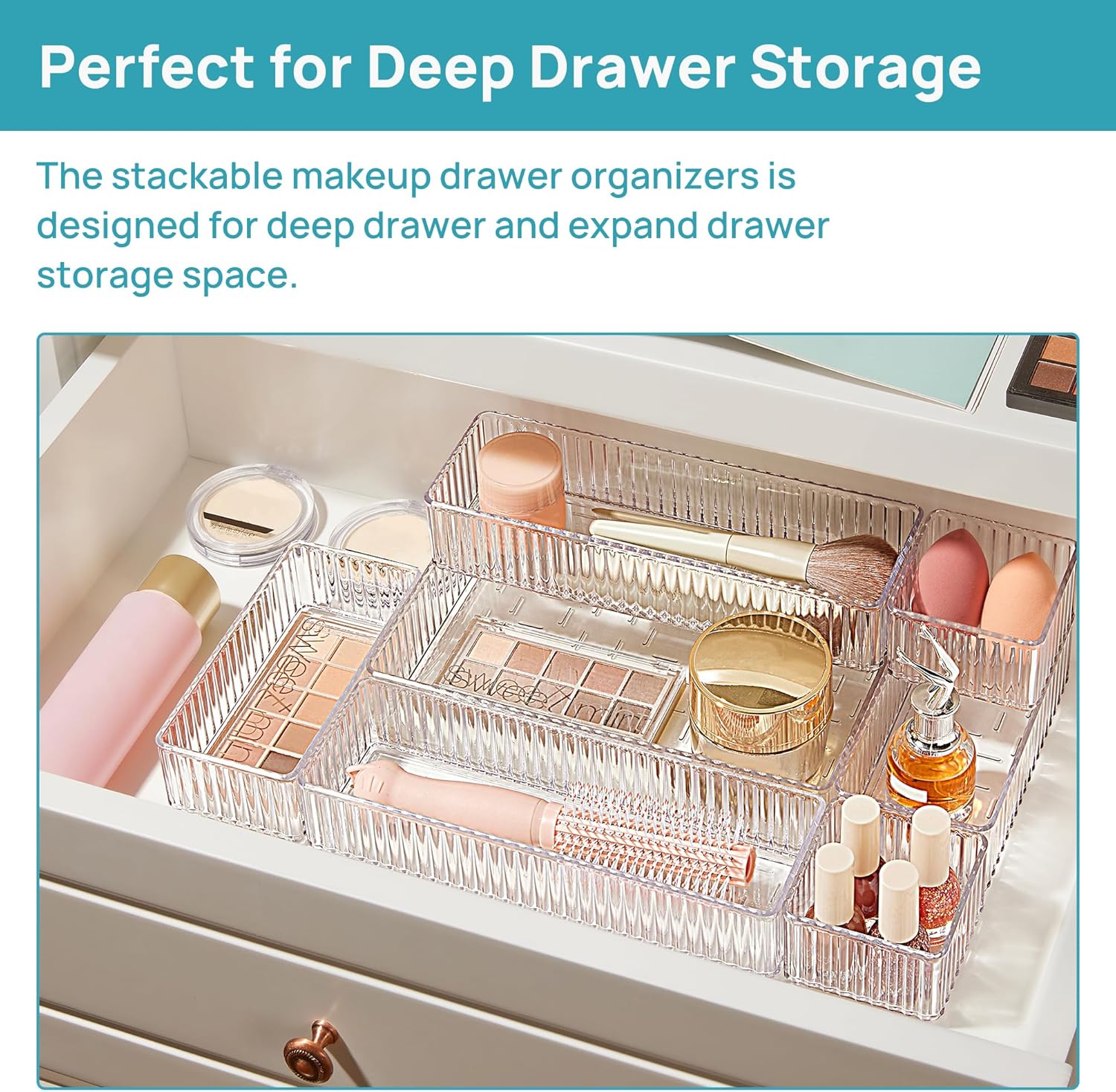 Vtopmart 7-Piece Clear Drawer Organizers - Stackable Acrylic Makeup & Vanity Storage Bins | Versatile for Bathroom, Office, Kitchen