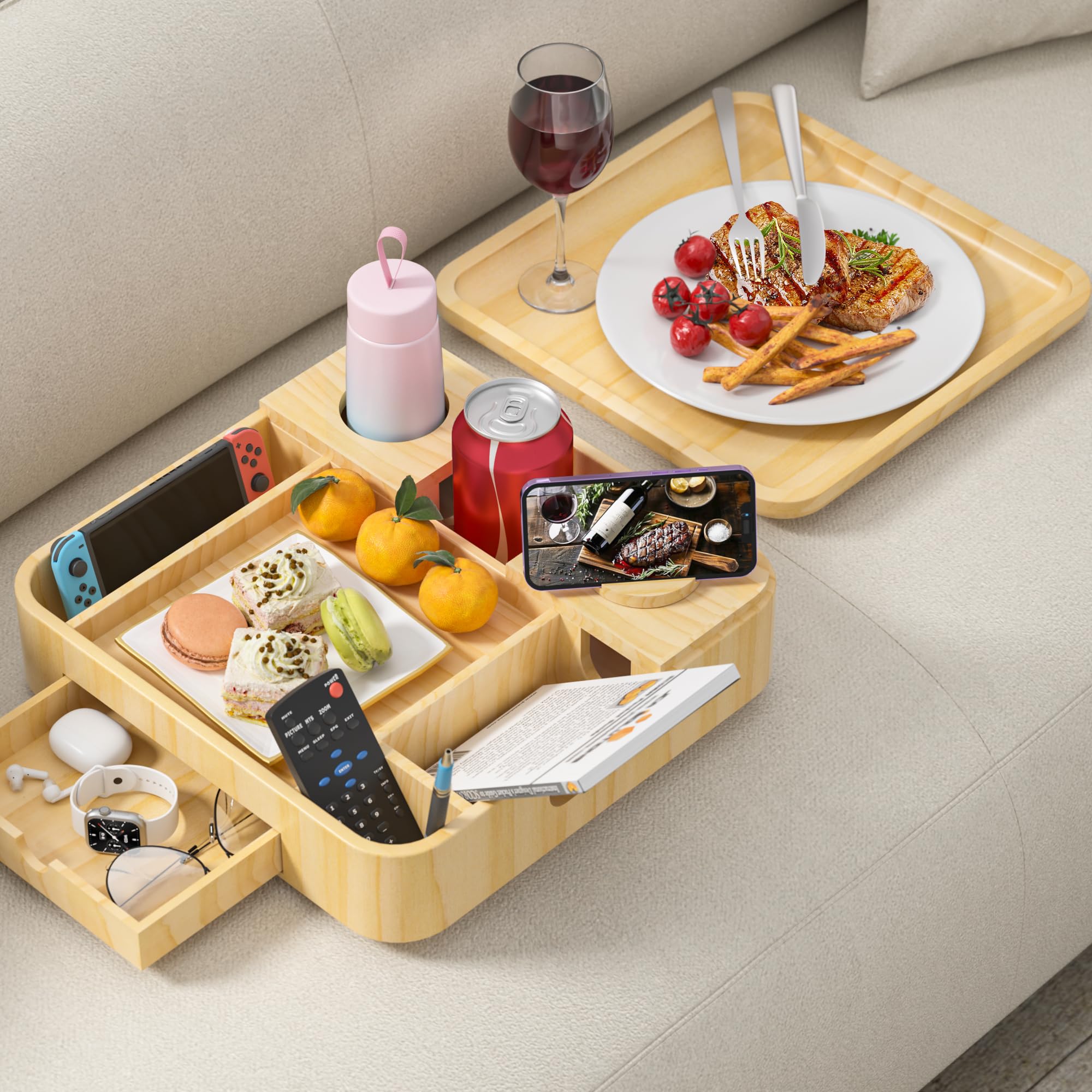Couch Cup Holder, Couch Tray Cup Holder Sofa Tray, Large Capacity Two-Tier Wooden Trays with Drawer for Sofa, Bed, Picnic, Drinks, Snacks, Remote, Cell Phone, Headphones (Solid Pine Wood)12.8*12.8 in