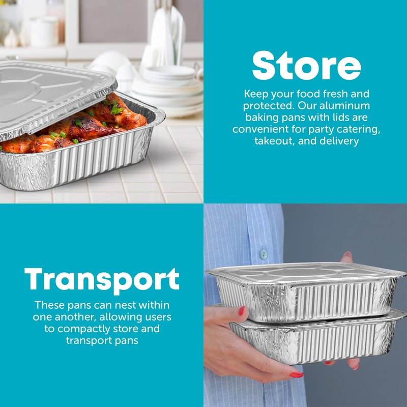 Plastible 8x8 Disposable Aluminum Pans With Lids - 10 Pack Foil Pans For Cooking, Baking Cakes, Roasting & Homemade Breads - Disposable Food Containers With Foil Lids