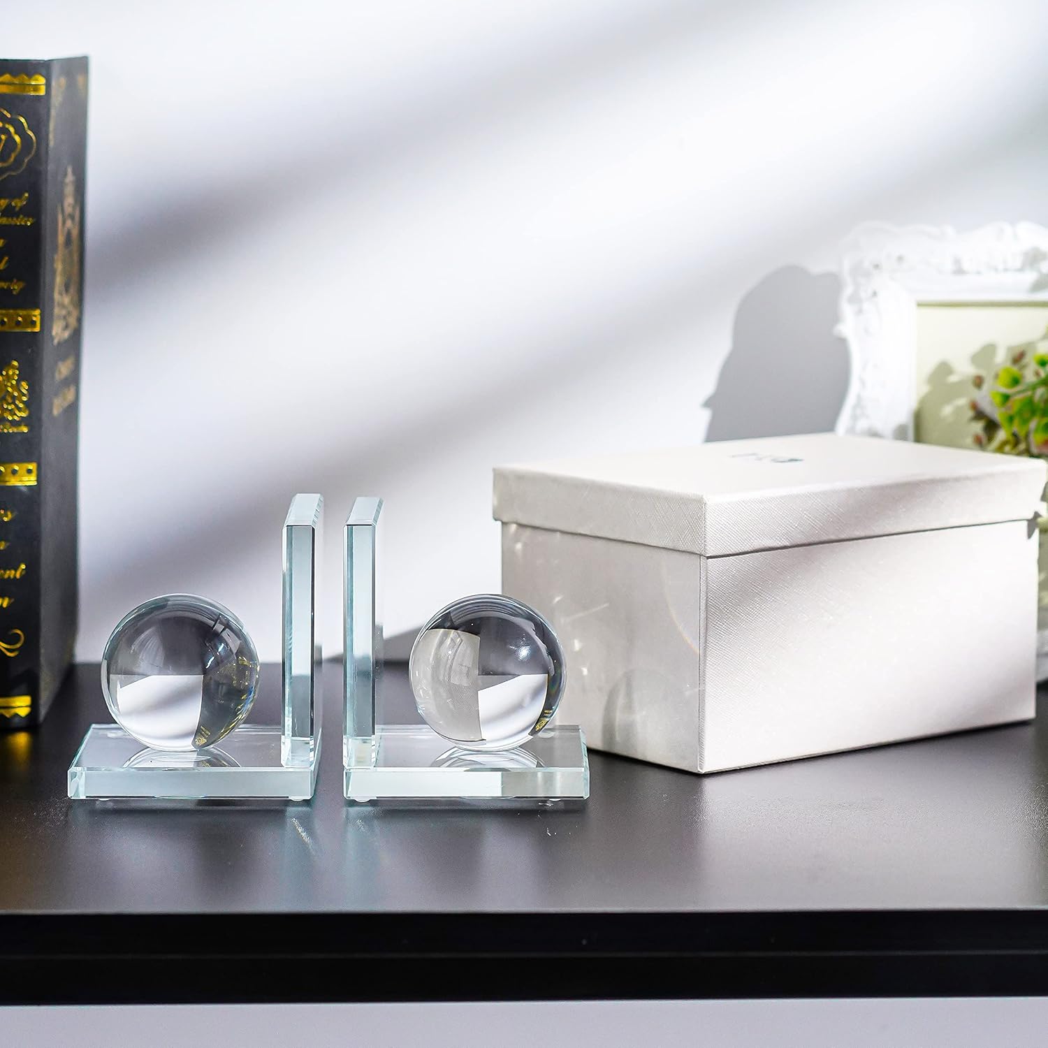 Skiennix Crystal Bookends - Sturdy L-Shape Design with Non-Skid Base | 4-Inch Clear Decorative Ornaments