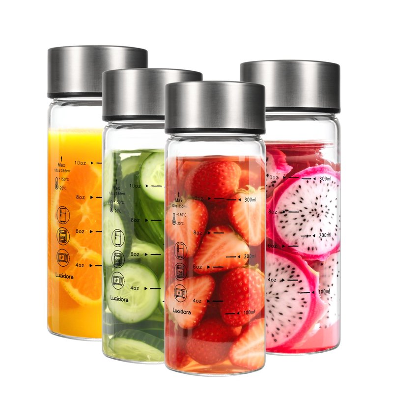 Lucidora 4 Pcs 12oz Glass Juice Bottles with Lids, Wide Mouth Glass Water Bottles with Measurement Markings Reusable Borosilicate Bottle for Juicing Smoothies Beverages, Leakproof Stainless Steel Caps