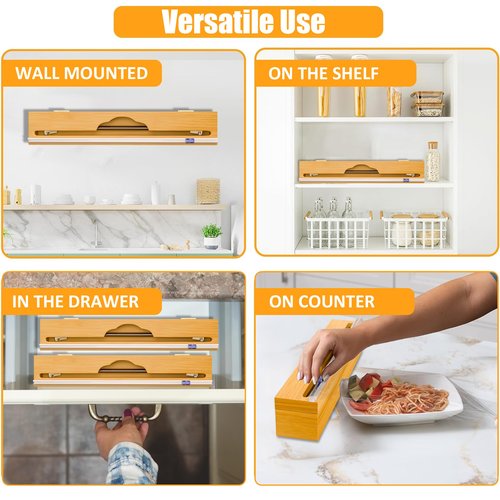 15'' Bamboo Plastic Wrap Dispenser with Cutter- Aluminum Foil Dispenser for Plastic Wrap, Parchment Paper Roll - Kitchen Wrap Dispenser with Cutter for Kitchen – Fits Up to 15'' Rolls