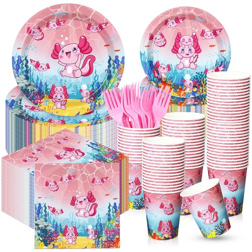 Yiyiring 180 Pcs Pink Cartoon Axolotl Plates Napkins Cups Forks Party Supplies Pink Reptile Animals Disposable Tableware Set Axolotl Birthday Decorations for Girls Animal Cartoon Party Serves 30
