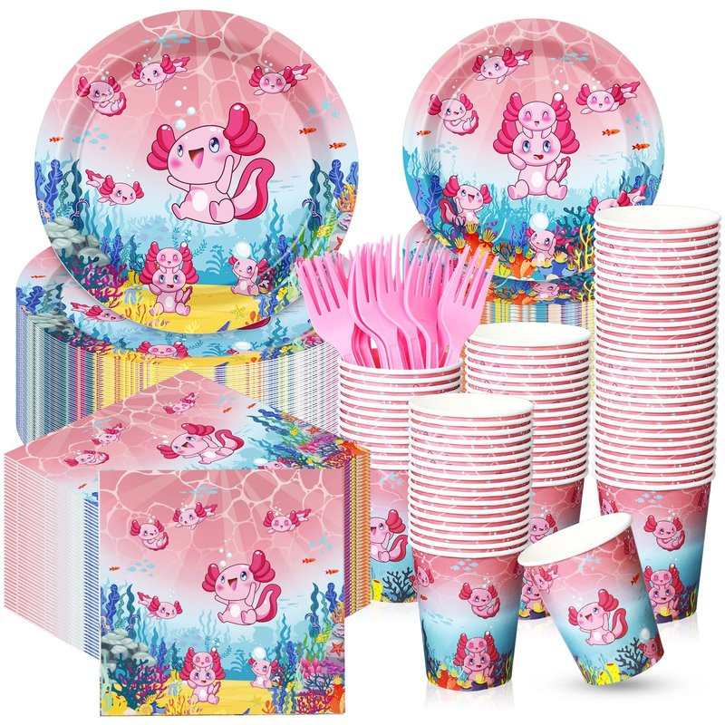 Yiyiring 180 Pcs Pink Cartoon Axolotl Plates Napkins Cups Forks Party Supplies Pink Reptile Animals Disposable Tableware Set Axolotl Birthday Decorations for Girls Animal Cartoon Party Serves 30