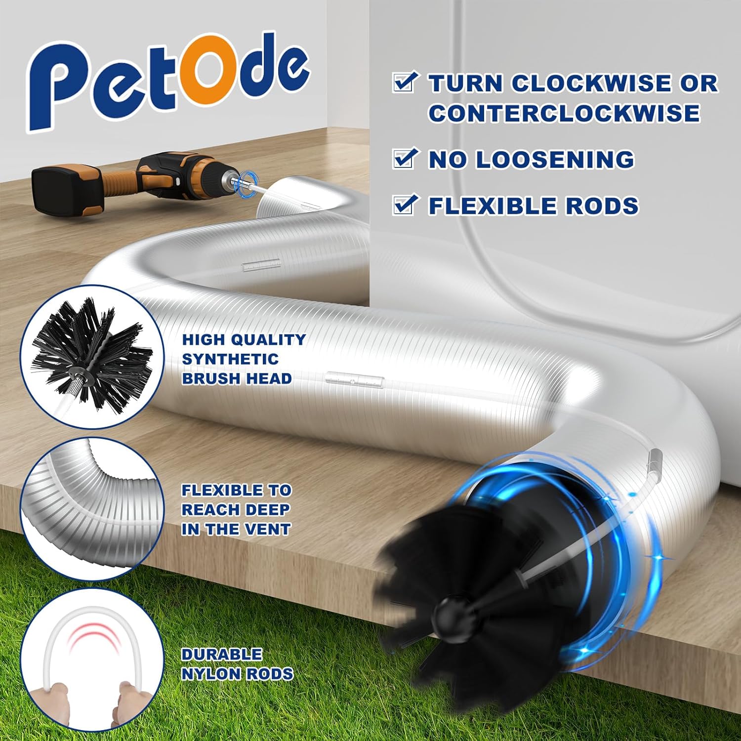 PetOde Dryer Vent Cleaner Kit - Universal Vacuum Hose Attachment & Lint Brush for Quick Cleaning