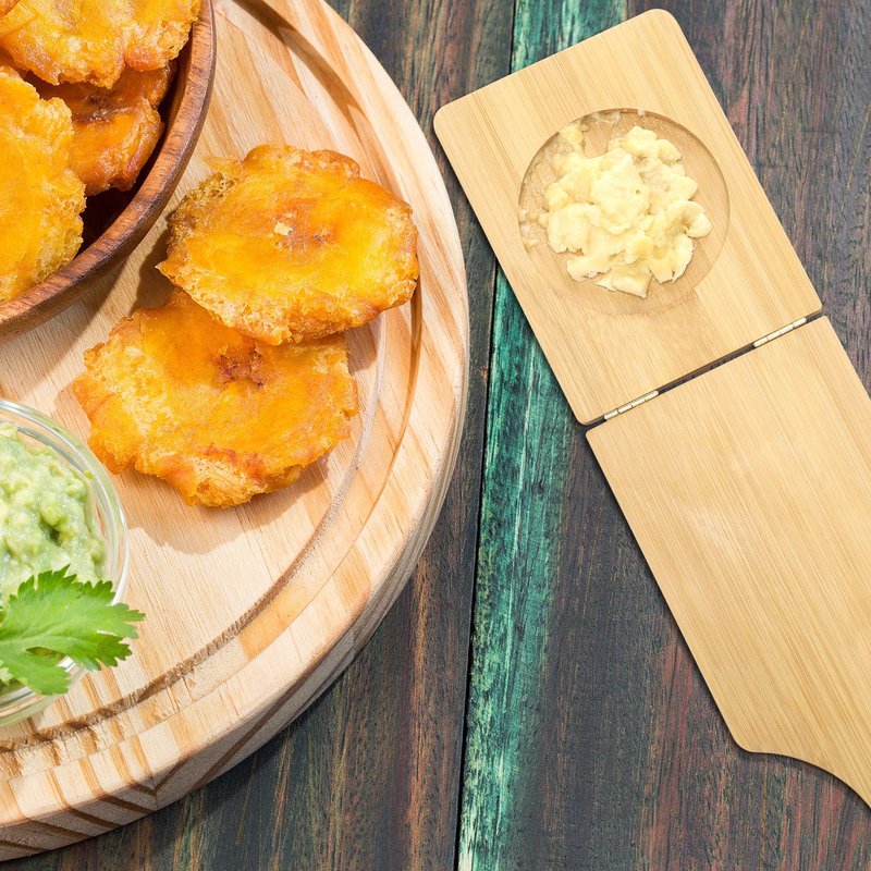 Lineshading 2 Kitchen Tools, Jumbo Bamboo Mortar and Pestle Set Wood Tostonera Tostones Plantain Press Natural Plantain Smasher Guacamole Bowl Fried Banana Pepper Press Mincer Grinder Chopper Crusher