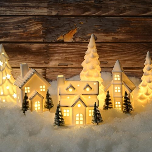 AOMOONOA Ceramic Christmas Village Houses - 3-Piece LED Lighted Porcelain Set with 6 Trees | Holiday Home Decor