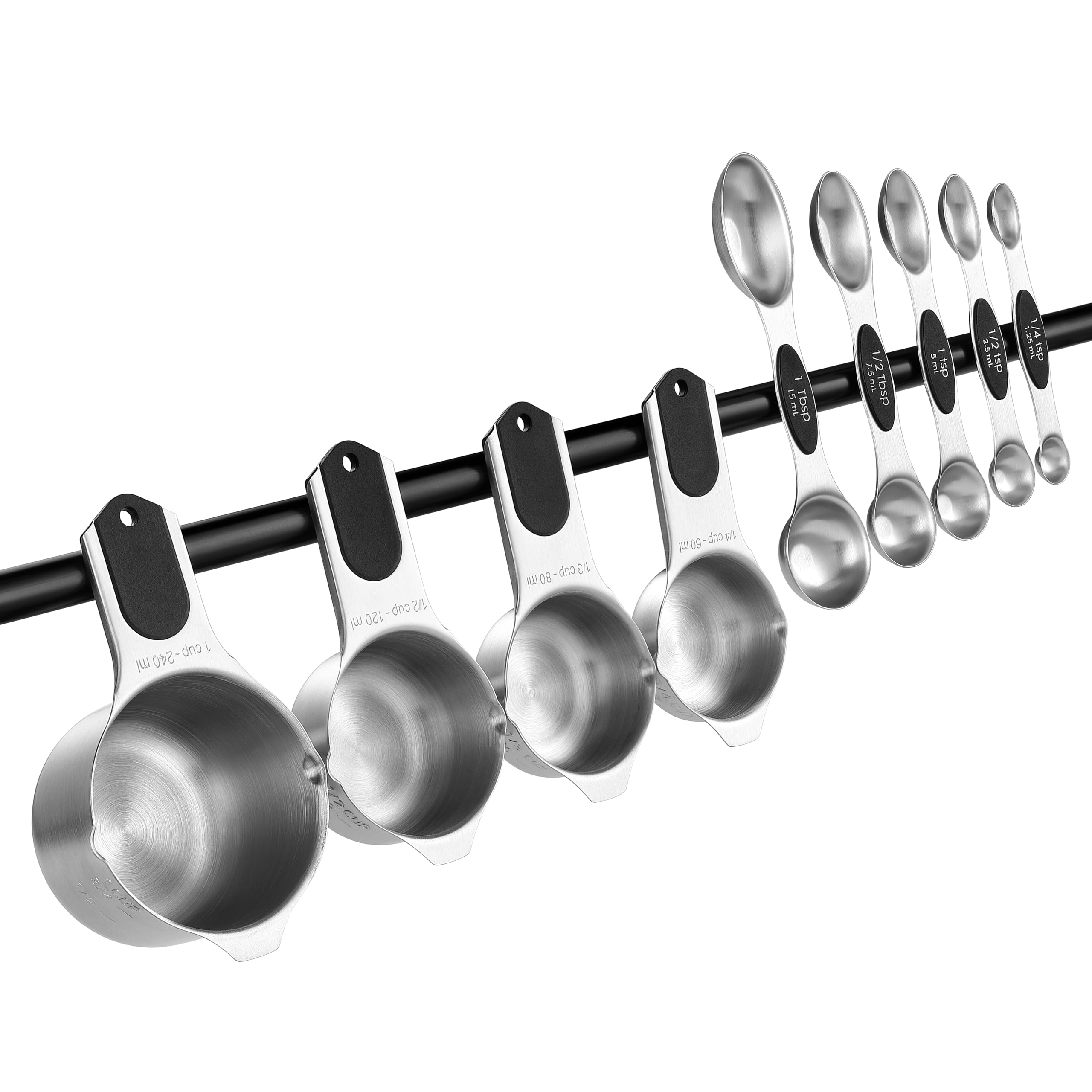 Spring Chef Magnetic Measuring Cups & Spoons Set, Patented, Strong N45 Magnets, Heavy Duty Stainless Steel Fits in Spice Jars for Baking & Cooking, BPA Free, Round Set of 9, Black