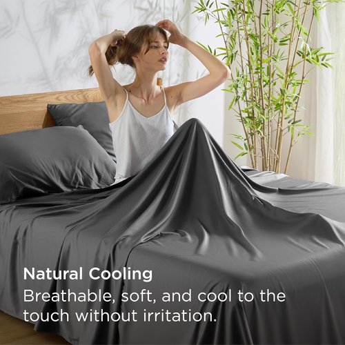 Bedsure Cooling Bed Sheets - Soft Rayon from Bamboo | Breathable Deep Pocket Full Size Bedding, Grey