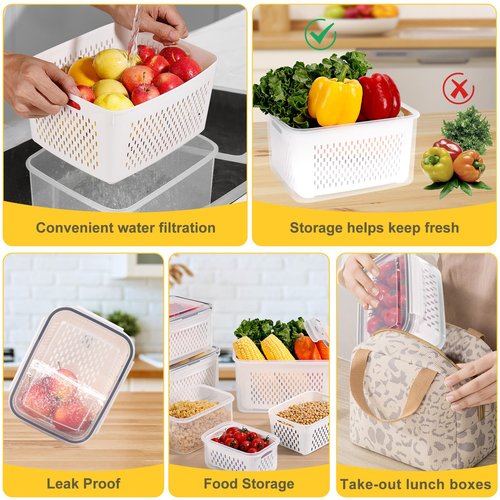 Aagglly 15 PCS Fruit Storage Containers for Fridge with 5 Airtight Lids,5 Removable Colander,5 Food Storage Container,Produce Saver Container Dishwasher Safe Keep Berry Fruit Vegetable Fresh Longer
