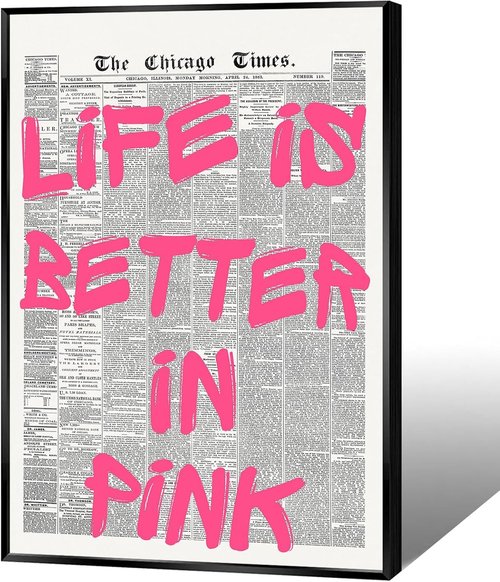 Life Is Better In Pink Canvas Poster - Retro Newspaper Design | Positive Affirming Quote 12x16in Unframed