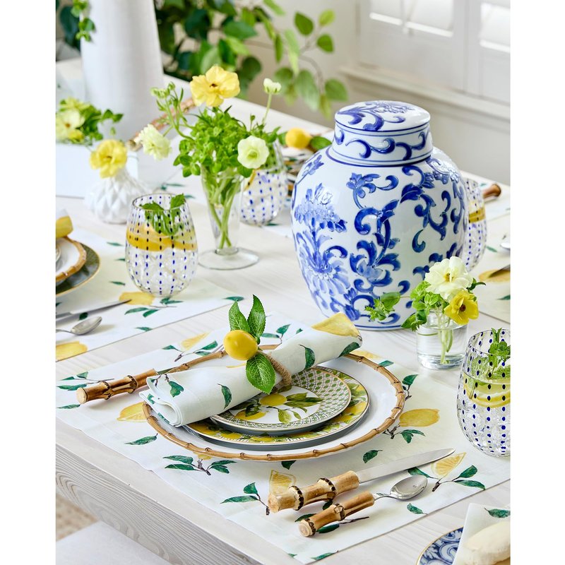 Solino Home Lemon Print Placemats 14 x 19 Inch - 100% Pure Linen Tablemats Set of 4 - Printed Linen Placemats for Spring, Summer, Mothers Day - Botanical Lemon/Off White Print