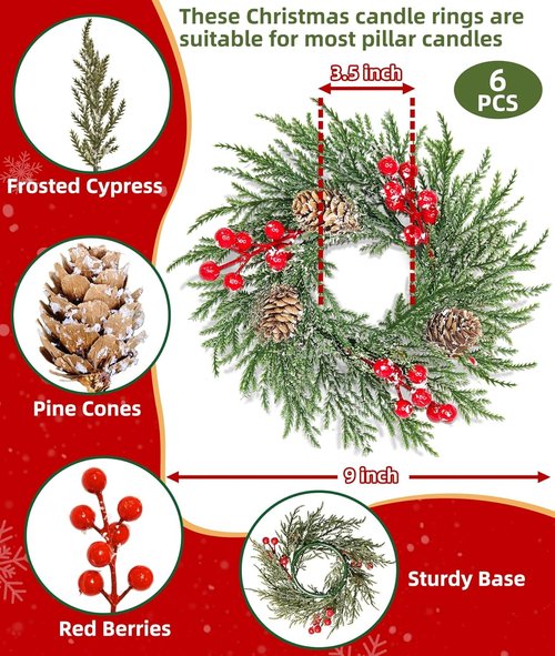 Flocked Mini Christmas Wreath Candle Rings by [Brand Name] - 6 Pack of 9"x3.5" Snowy Cypress Decor with 20 Branches, 21 Red Berries & 3 Pinecones
