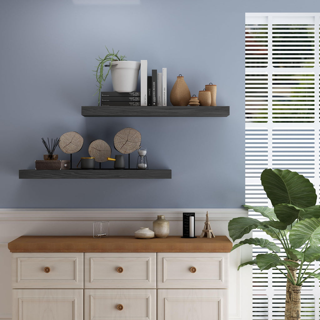 PopiShelves Floating Shelves for Wall - 24 x 9 Inch Wood Shelves for Bathroom, Bedroom, Kitchen Decor, Farmhouse Decor Set of 2, Black, bcow82j23