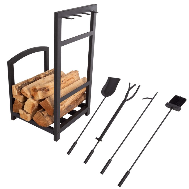 Lavish Home 5-Piece Fireplace Tool Set - Holds Wrought Iron Wood-Burning Tools - Includes Heavy-Duty Stand, Shovel, Broom, Tongs, and Poker (Black)
