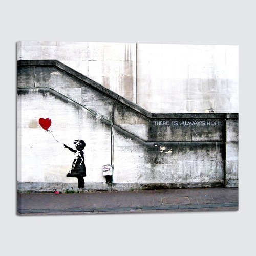 Wieco Art Canvas Paintings Wall Art Banksy Grafitti Girl with Red Balloon Grey Large Love Canvas Prints Pictures Modern Gallery Wrapped Inspirational Artwork Ready to Hang for Home Office Decor
