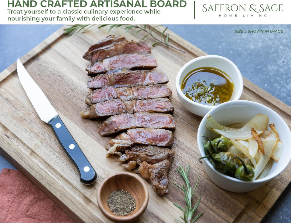 Saffron & Sage Large Wood Cutting Board - Thick Acacia 16 x 12 x 1.5 Inch with Juice Groove & Reversible Design
