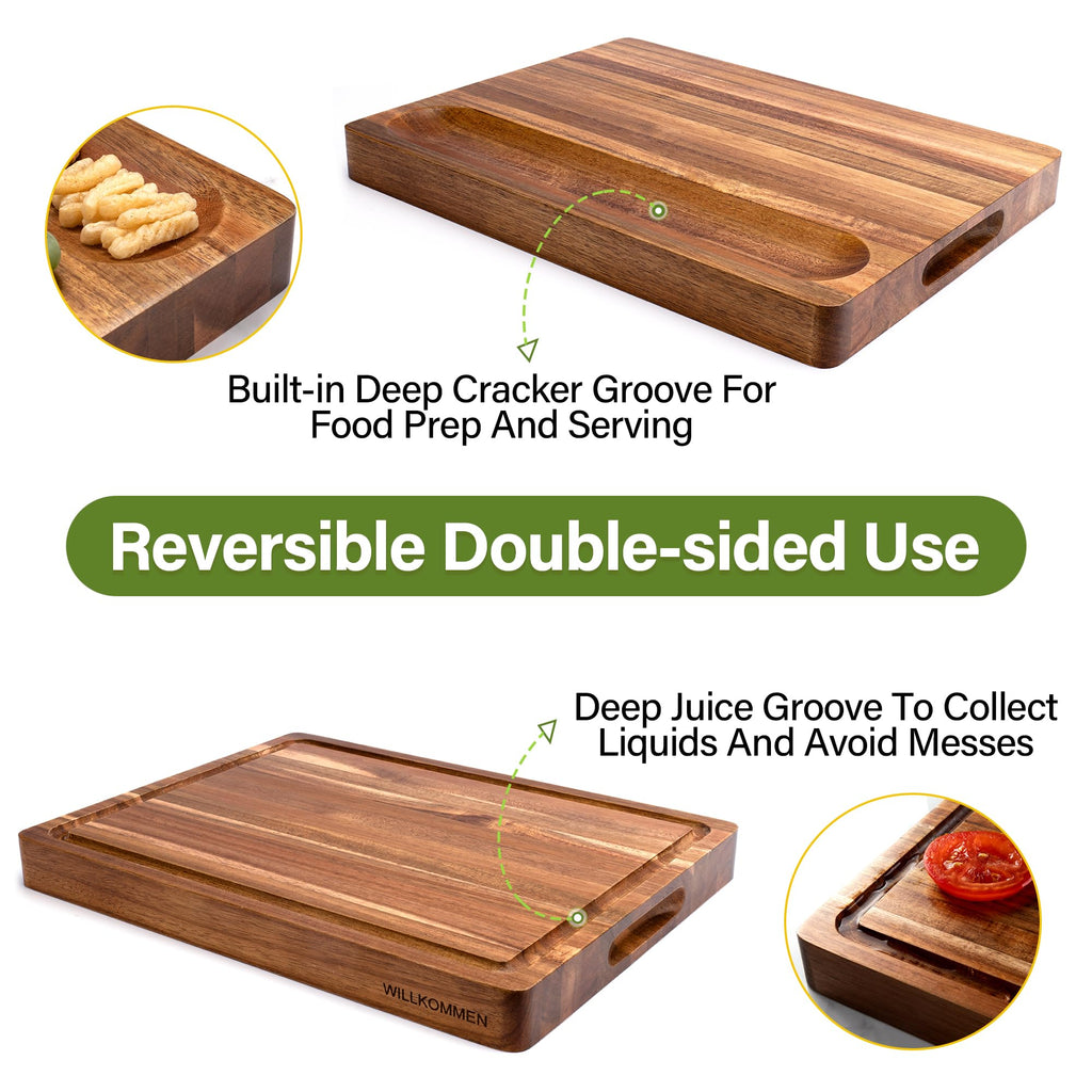 Acacia Wood Cutting Board for Kitchen, 1.5” Thick Chopping Board with Juice Groove, Sorting Compartment Charcuterie Board, 16x12x1.5 Inch Butcher Block